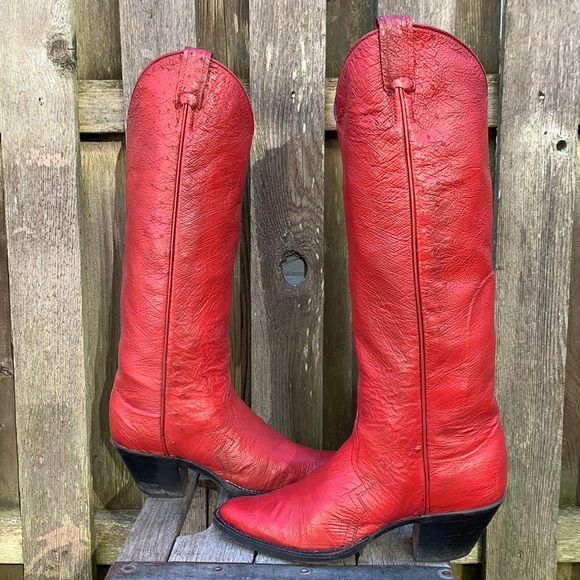LARRY MAHAN VTG Ostrich Exotic Tall Knee High Red Painted Cowboy Western Boots - Picture 2 of 13